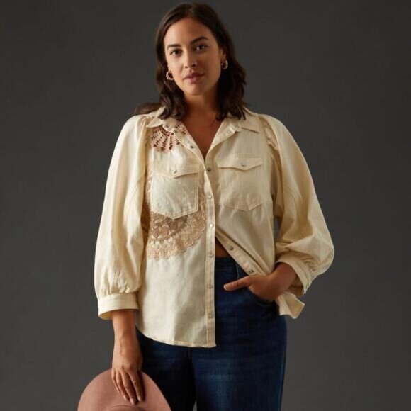 Pilcro NWT by Anthropologie Womens Eyelet Lace Buttondown Shirt Jacket Size 2X - Picture 2 of 13